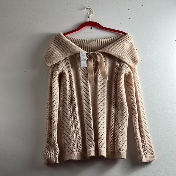 XS antique blush open cable knit sweater with front bow - Picture 2 of 10